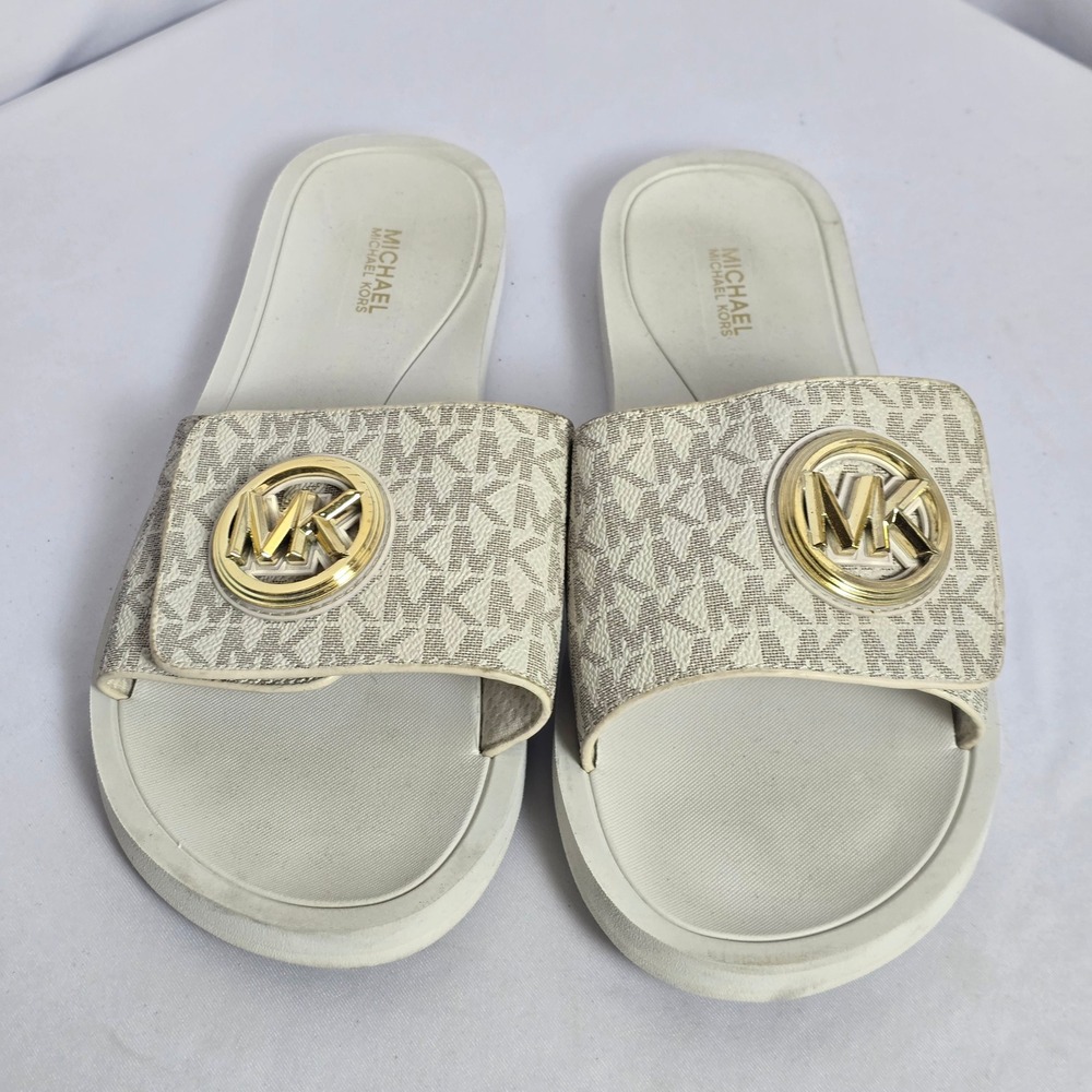 Michael Michael Kors MK Logo Slide Sandals Cream White Gold RX24F Womens 9M